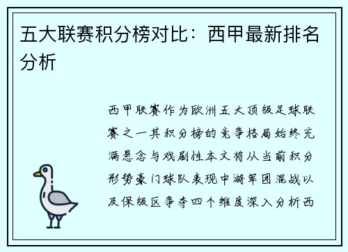 五大联赛积分榜对比：西甲最新排名分析