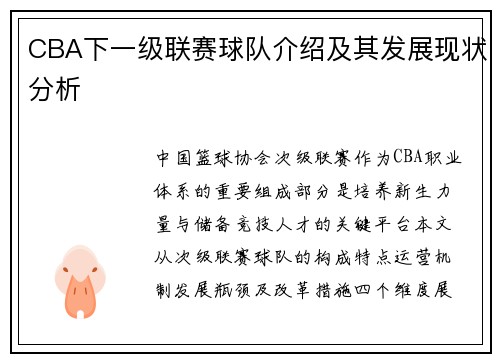CBA下一级联赛球队介绍及其发展现状分析